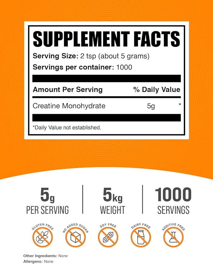 BulkSupplements.com Creatine Monohydrate Powder - Creatine Supplement Micronized Creatine Creatine Powder - Unflavored &amp Gluten Free 5g (5000mg) per Servings 5kg (11 lbs) (Pack of 5)