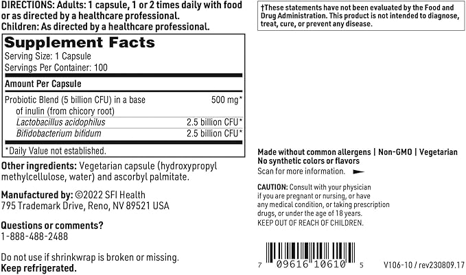 Klaire Labs SFI Health Pro-Biotic Complex - Intestinal Support for Men &amp Women 5 Billion CFU Lactobacillus acidophilus &amp Bifidobacterium bifidum Probiotic Hypoallergenic &amp Dairy-Free (10