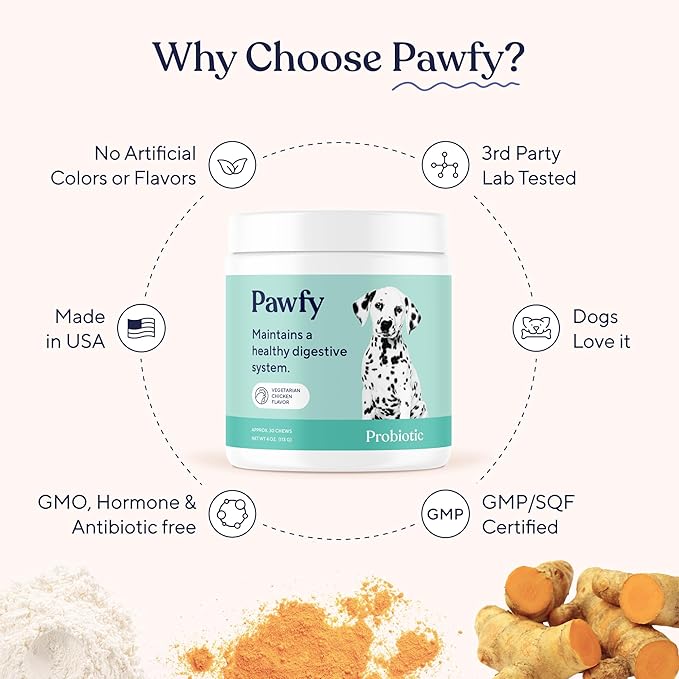 Pawfy Probiotics for Dogs | Supports Digestive Health Diarrhea for Small Large Dogs | Improves Gut Health | Anti Yeast Supplements | Skin Health Seasonal Allergies Support - 30 Chews (Chicken)