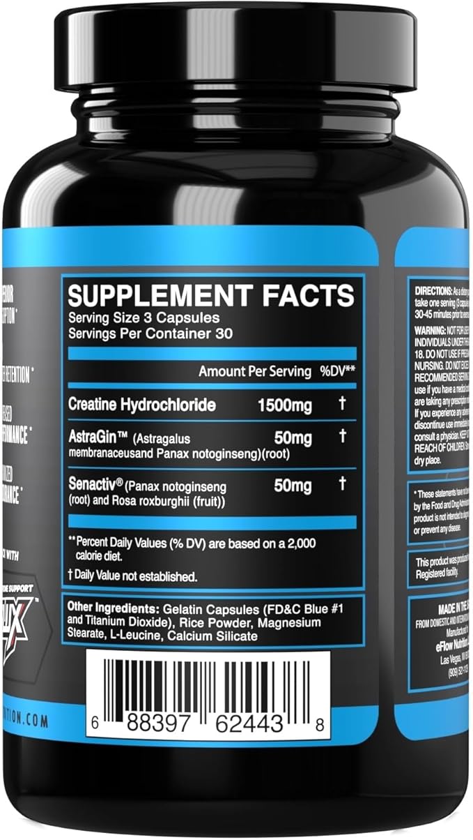 eFlow Creatine Capsules HCL Creatine Pills - Creatine Supplement for Men &amp Women Muscle Builder Endurance Strength with AstraGin and Senactiv (1500mg 90 Capsules)