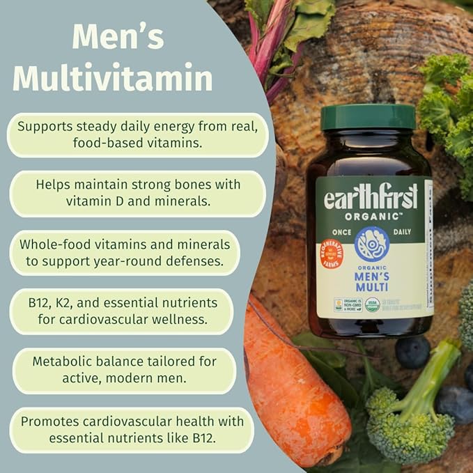 Men’s Multi Once Daily Whole-Food Multivitamin with 19 Vitamins &amp Minerals for Energy Heart Bone Strength Prostate &amp Immune Support Vegan Non-GMO 60 Count