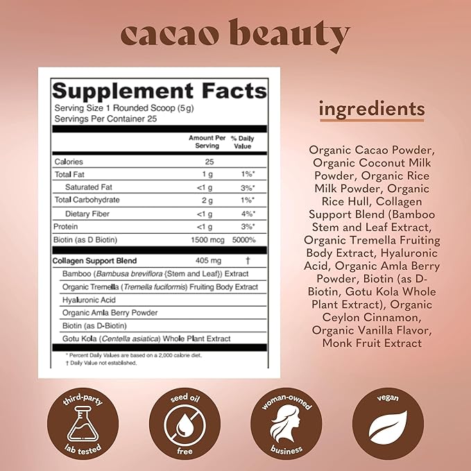 Copina Co. Cacao Beauty Vegan Collagen Booster Drink Blend: Plant-Based Collagen Support Smoothie Drink Vegan Creamy Blend | Cacao Flavor | 1 Bag - 25 Servings per Bag