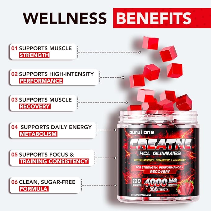 Creatine HCL Gummies 4000mg per Serving – High-Strength Performance Support Split-Dose Absorption No Bloating No Mixing Strawberry Flavor 1 Pack