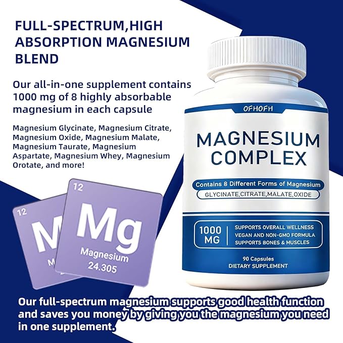 Magnesium Complex Supplement 8 Elemental 1000mg - Magnesium Glycinate Citrate Malate Oxide | Easy Absorption for Bones Muscle Energy Vegan Non-GMO 90 Capsules (1pc)