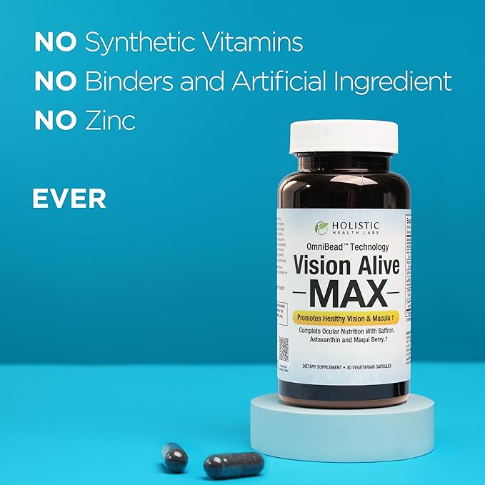 Holistic Health Labs Vision Alive Max with 8 Natural Ingredients Lutemax® 2020 Bilberries Blueberries c3g from Black Currant Maqui Berry Saffron and Astaxanthin (30 Count (Pack of 1))