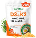 VEV Vitamin D3 K2 4000 IU 100 mcg MK-7 300 Softgels with Coconut Oil Easy to Swallow K2 D3 Vitamin Supplement Daily Nutrient Support