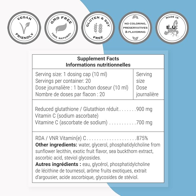 Supersmart - Liposomal Glutathione Liquid 900mg per Day (High Potency) - Highly Bioavailable Form of Glutathione - Enhanced Antioxidant with Vitamin C | Non-GMO &amp Gluten Free - 200ml - 20 Servings