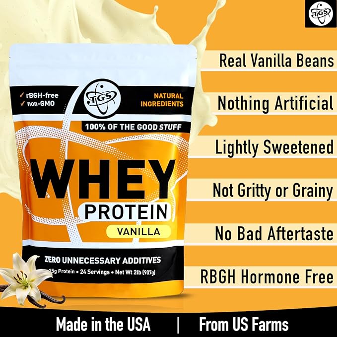 TGS Nutrition Vanilla Whey Protein Powder 2lb - No Artificial Sweeteners Natural Ingredients Undenatured No Stevia Non GMO - 25g Protein for Women &amp Men Shakes Smoothies - Aids Muscle Gain