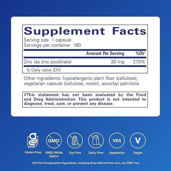 Pure Encapsulations Zinc 30 mg - Supplement for Immune System Support Growth and Development and Wound Healing* - with Zinc Picolinate 30 mg - 180 Capsules