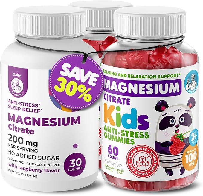 DR. MORITZ Magnesium Bundle - Gummies for Adults (200mg 30 Count) and Kids Magnesium Gummies (60 Count 2 Pack) - Sugar-Free