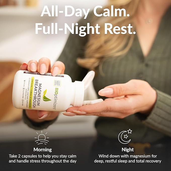 BIOptimizers Magnesium Breakthrough Supplement with 500mg - 7 Forms of Magnesium: Glycinate Malate Citrate and More - Natural Support for Sleep and Cognitive Function -60 Capsules- Calming Vitamins