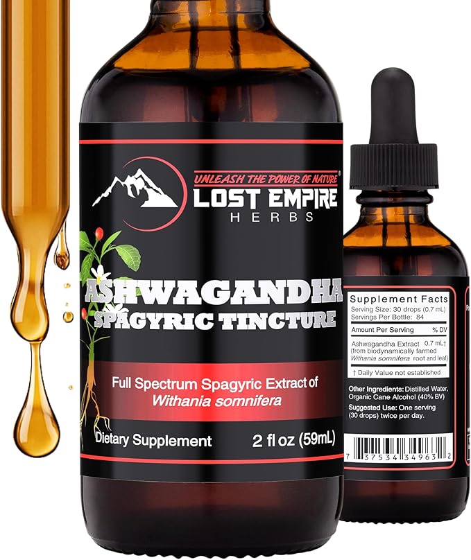 Lost Empire Herbs Ashwagandha Spagyric Tincture - Liquid Drops Root Extract for Men Women Sleep Cortisol - Best Ashwagandha Supplement USA Grown Organic (2 fl oz)