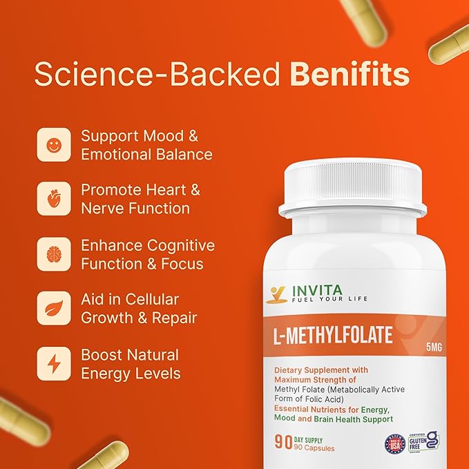 INVITA L-Methylfolate 5mg – Physician Formulated Active Methyl Folate - 5-MTHF Supplement for Energy Mood &amp Brain Health Support - Non GMO Gluten Free 90 Capsules (3 Month Supply)