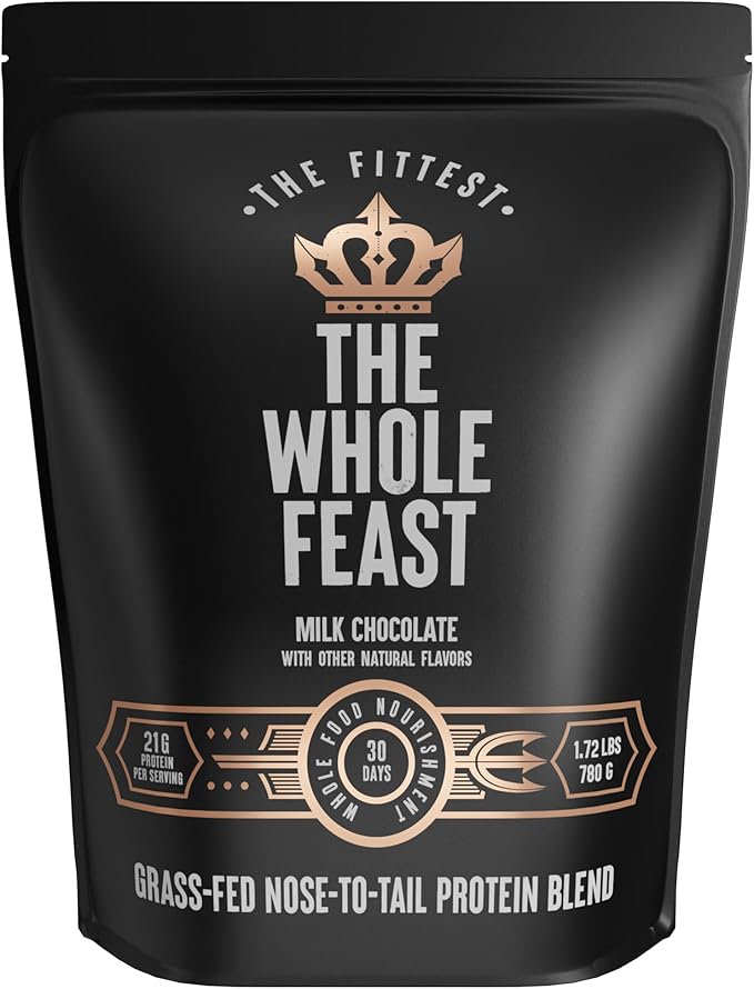 The Fittest Whole Feast Beef Protein Powder - Milk Chocolate - Grass Fed Nose to Tail Carnivore Blend Including Liver Colostrum and Whole Bone - BCAAs - 14g Collagen 21g Total Protein