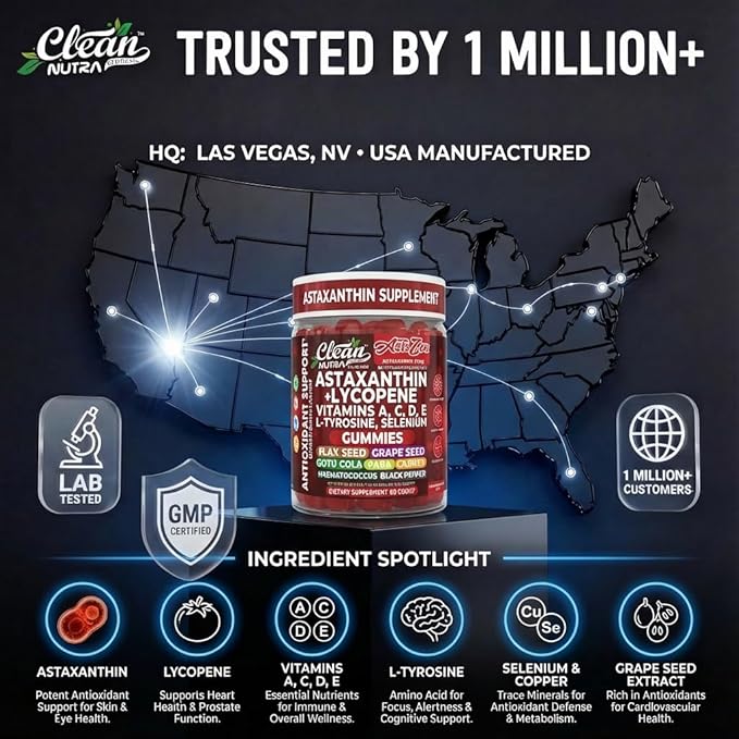 Clean Nutra AstaZen Astaxanthin Complex Gummies 12mg w/Lycopene Pure Vitamin A C D E L-Tyrosine Selenium – Premium Berry Banana Eye Skin Immune Support Supplement 60 Count