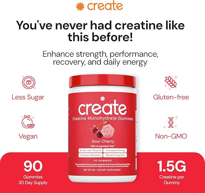 Create Creatine Monohydrate Gummies - Rocket Pop Duo - Blue Raspberry &amp Sour Cherry - Creatine Gummies for Women &amp Men NSF Certified 3rd Party Tested Anti-Melting Formula 180 Count (2-Pack