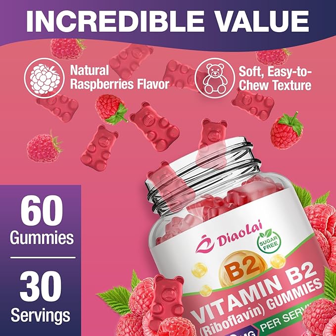 Vitamin B2 Gummies Riboflavin 400mg Supplement with Magnesium for Kids &amp Adults B2 Gummies for Migraine Relief &amp Nervous System Support Vegan Raspberry Flavor 120 Count