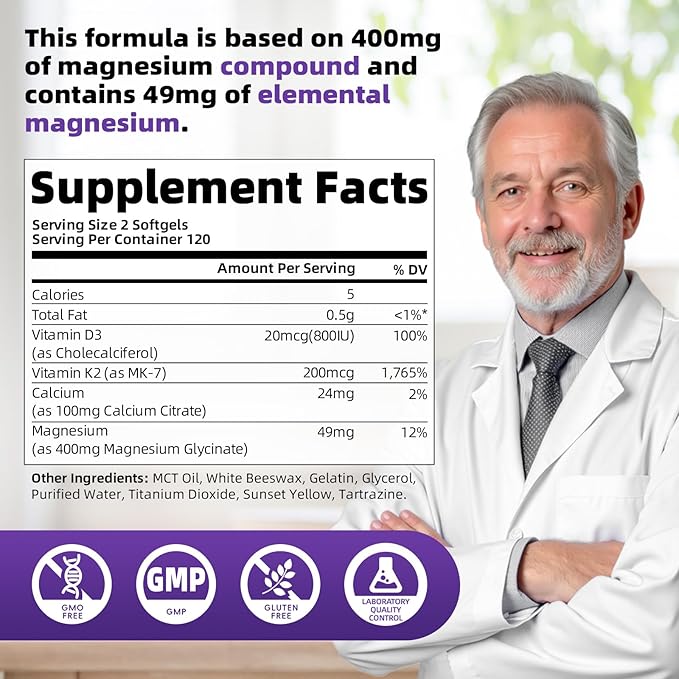 Magnesium Glycinate 400mg Softgels Small Easy to Swallow High Absorption Magnesium Supplement with Vitamin D3 &amp K2 for Sleep Relax Calm Muscle Bone* Health 120 Gelcaps