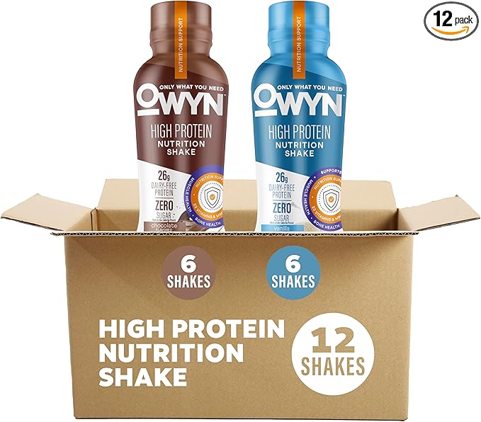 OWYN Only What You Need High Protein Shake Chocolate and Vanilla Flavored 26g Protein 0g Sugar 3g Fiber Dairy Free Plant Based Protein Drink 12 Count