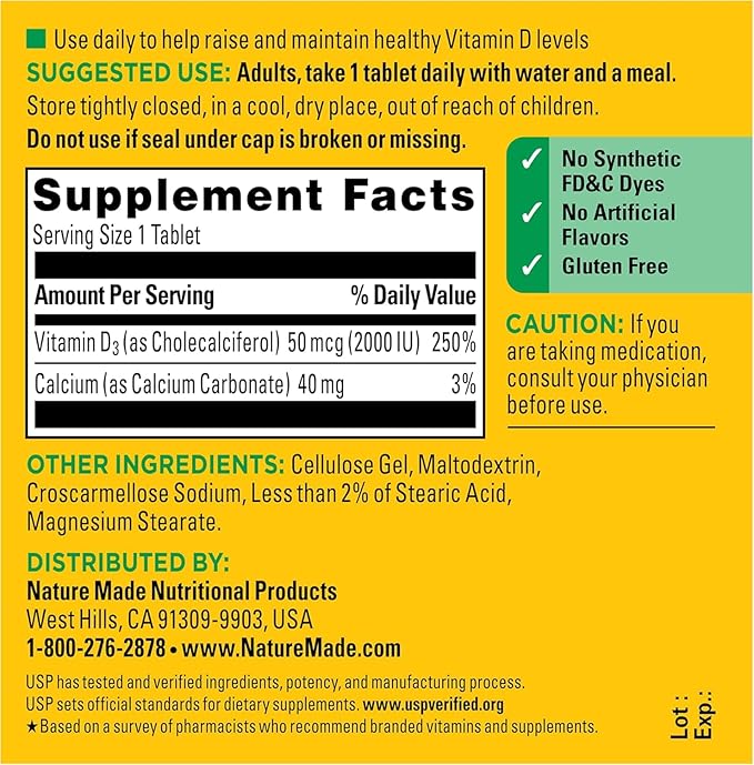 Nature Made Vitamin D3 2000 IU Tablets 100 ea (Pack of 11)