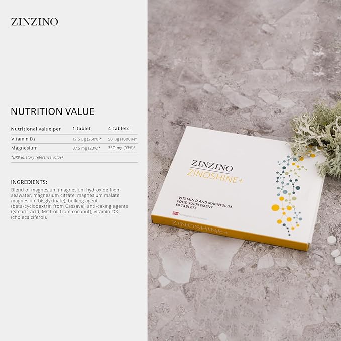 ZinoShine+ - Vitamin D3 &amp Magnesium Supplement for Immune Support Energy Muscle Bone &amp Teeth Health - Reduces Fatigue - 60 Tablets