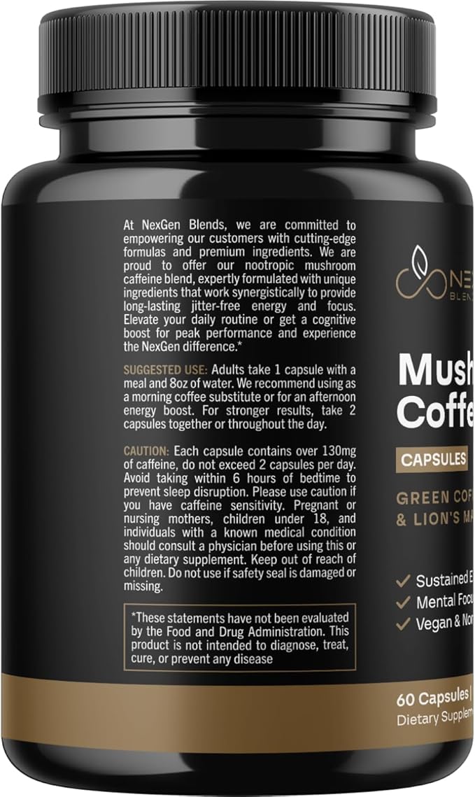 100% Organic Mushroom Coffee Capsules - Natural Energy Supplement with 130mg Caffeine from Clinically Proven Patented Green Coffee Bean &amp Guayusa Extracts for Jitter-Free Energy &amp Focus (60 Se