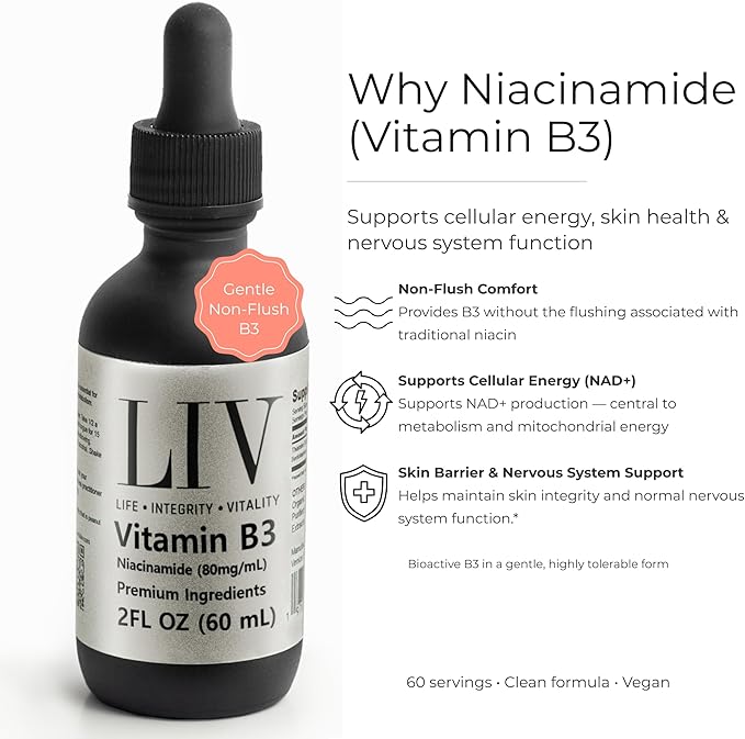 LIV Vitamin B3 Liquid – Niacinamide 80mg/mL Supplement for Cellular Energy &amp Skin Support – Non-Flush Drops – 60 mL