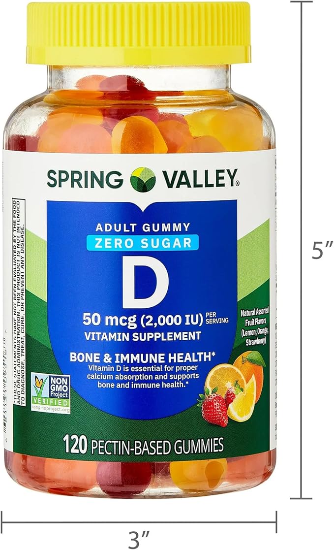 SUREFECT Spring Valley Zero Sugar Vitamin D 50 mcg (2000 IU) Gummies Bone &amp Immune Support - 120 Count Organizer