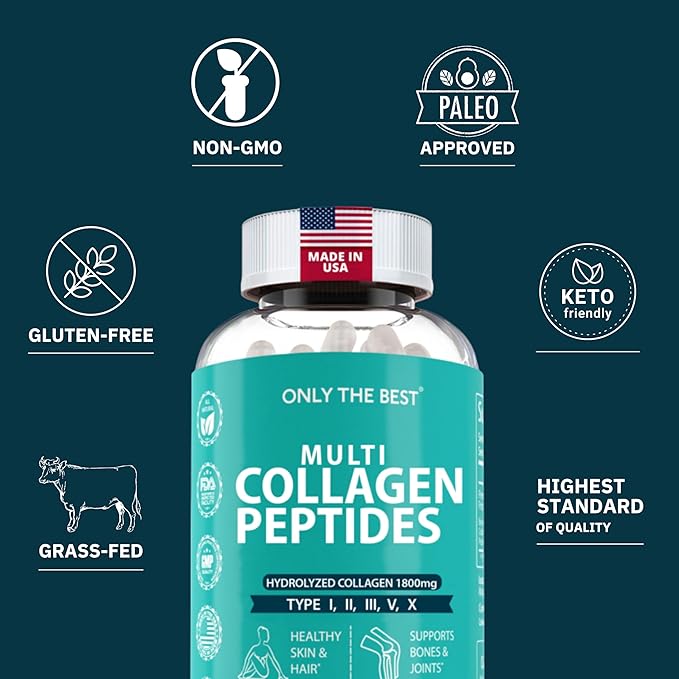 Premium Multi Collagen Peptides Capsules 1800mg - Types I II III V X To Support Skin Hair Nails - Helps Bones Joints Muscles &amp Digestive Health* Hydrolyzed Collagen Supplement 90 Capsules