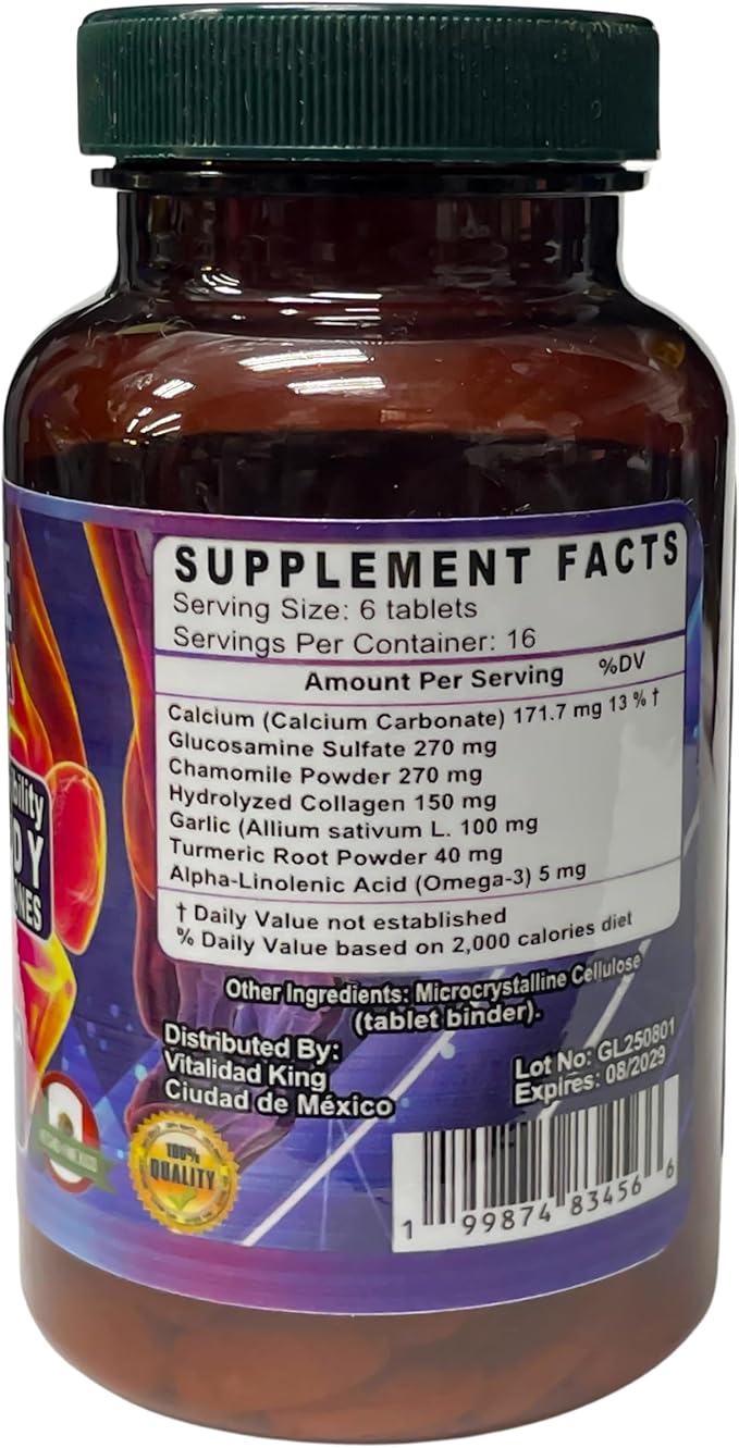 Suplemento para el Apoyo Articular con Glucosamina Manzanilla Colágeno Cúrcuma | Glucosamine Chamomile Collagen Turmeric Joint Support Supplement
