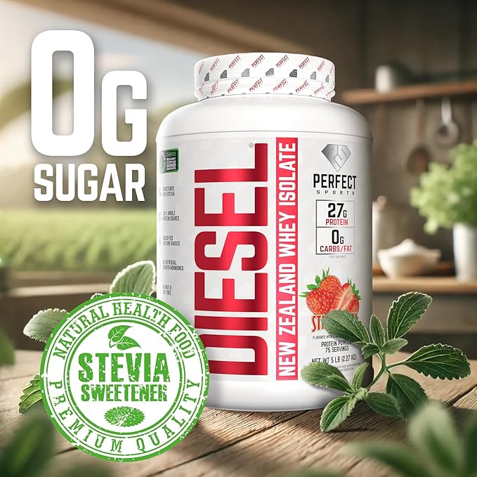 PERFECT SPORTS Diesel 100% New Zealand Whey Protein Isolate | Stevia Sweetened No Artificial Ingredients Keto | 0g Carb 0g Fat 27g Protein | 5 Pounds (Strawberry)