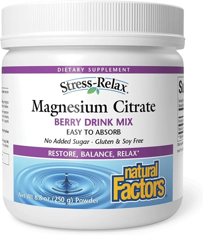 Natural Factors Magnesium Citrate Powder - Body Health Support Supplement for Cellular Support - Magnesium Powder Supplement Aids Muscle Health &amp Relaxation - 8.8 oz (75 Servings) Berry Flavor