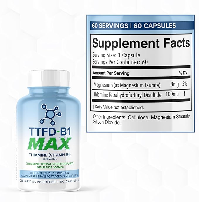 TTFD Thiamine B1 Supplement 60Capsules Made in USA- Thiamine TTFD Vitamin B1 MAX High-Potency Supplement for Energy &amp Focus Supports Healthy Nerve Function &amp Overall Wellness by MaxLife Natu