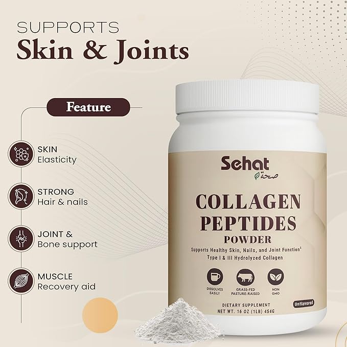 Sehat Halal Collagen Protein Powder Collagen Peptides Powder Supports Healthy Hair Skin Nails and Joint Function Grass-Fed Beef Collagen Type I &amp III Hydrolyzed Non-GMO Unflavored 45 serv