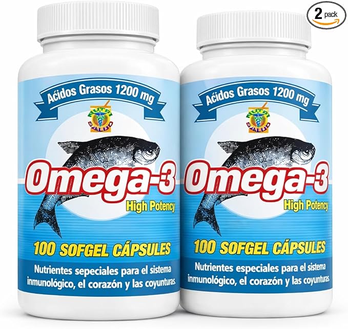 Omega 3 Capsulas de Alta Potencia. Set de 2 frascos con 100 capsulas c/u. para las arterias coyunturas bajar el colestereol malo. Tratamiento para 6 Meses.