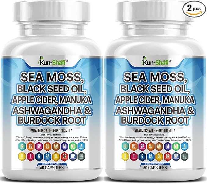 Sea Moss Complex with Black Seed Oil Ashwagandha Burdock Root Shilajit Amla Moringa Turmeric Manuka Ginger Vitamin C Vitamin D3 120 Count (Pack of 2)