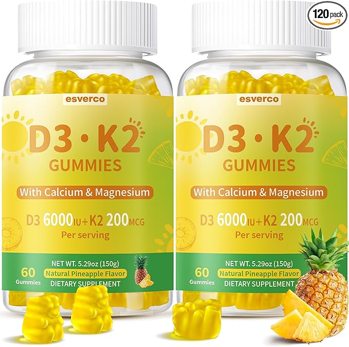 Vitamin D3 K2 Gummies High Absorption 6000 IU D3 + 200mcg K2 (MK-7) with Calcium &amp Magnesium Glycinate Extra Strength for Bone Teeth &amp Immune Support Pineapple Flavor 2-Pack 120 Count
