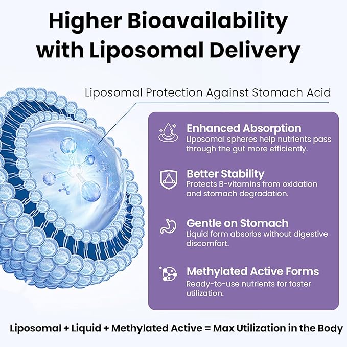 Liposomal Vitamin B Complex Liquid Sublingual B Complex Vitamins Supplement for Women Men Improved Absorption Methylated B12B1 B2 B3 B5 B6FolateBiotin for Energy And Immune Support-4.0 oz