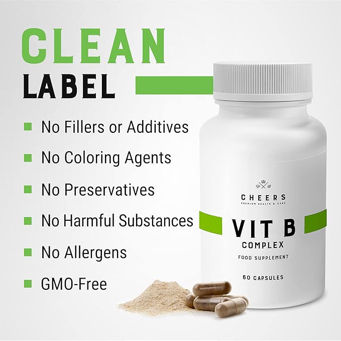 CHEERS Vitamin B Complex Supplement | 113.5mg Complete B Vitamins with B1 B2 B3 B6 B12 | High Absorption Vegan B Complex for Brain Nerve &amp Immune Support | Non-GMO DRcaps® Plus | 60 Capsules