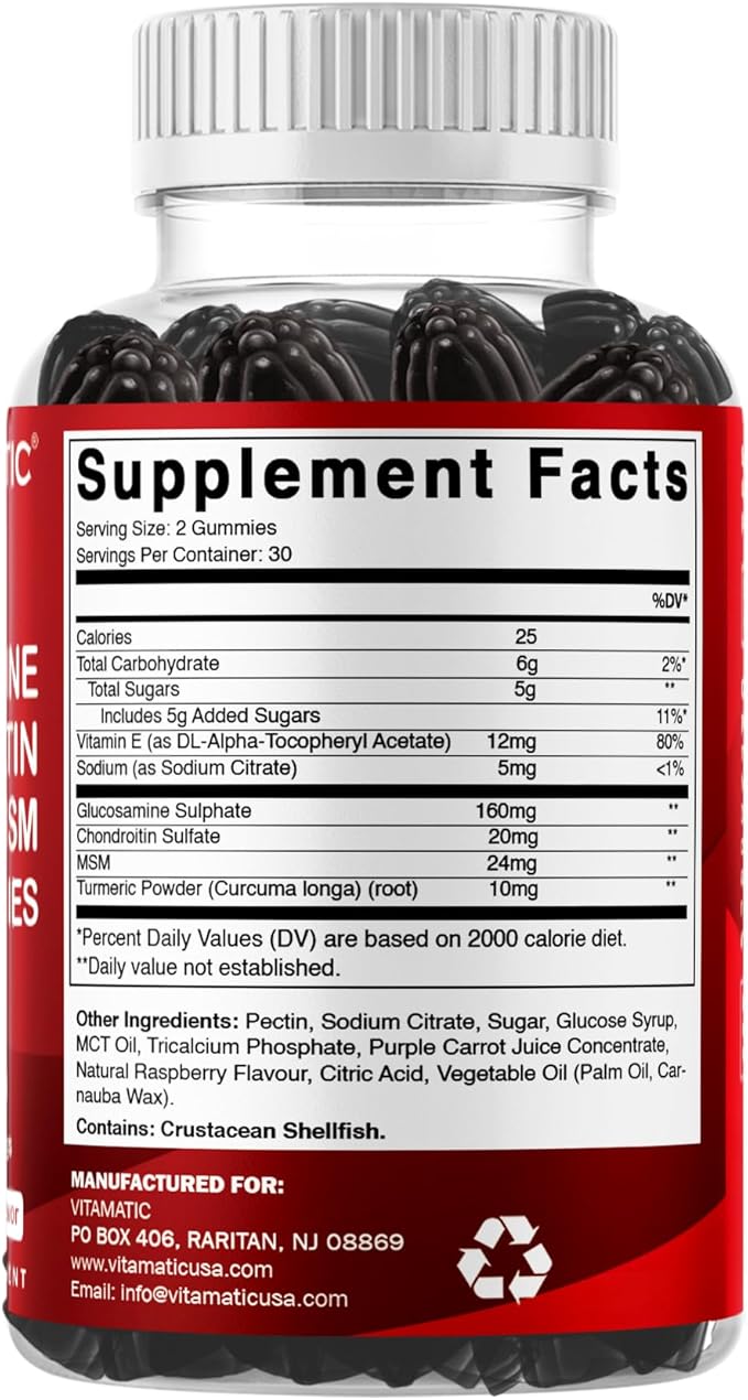 Vitamatic Glucosamine Chondroitin Gummies with MSM &amp Vitamin E – Joint Support – 60 Pectin-Based Gummies per Bottle – Pack of 2 (Total 120 Count)