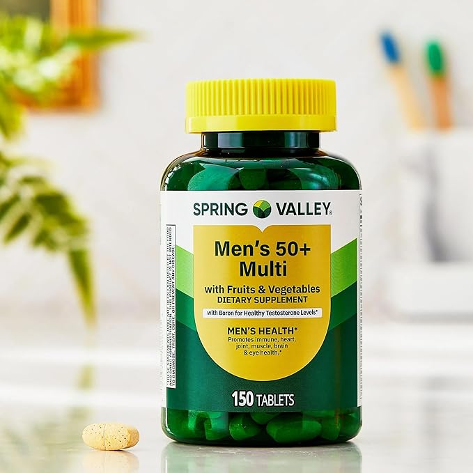 SUREFECT Spring Valley Men's 50+ Multivitamin - 150 Tablets - with Boron Lycopene &amp Superfood Blend - Supports Immune Heart Brain &amp Eye Health Support Organizer.