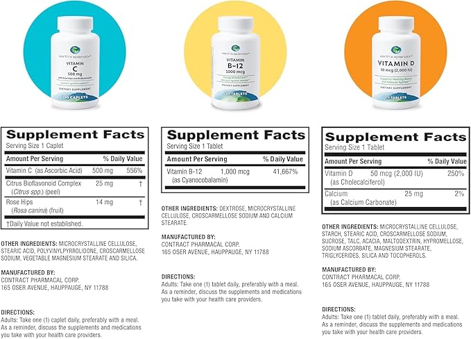 Earth's Splendor Energy &amp Immune Support: Vitamin B12 (1000mcg) Vitamin C with Rose Hips (500mg) and Vitamin D (2000 IU) - No Artificial Colors or Flavors Gluten Free for Men &amp Women