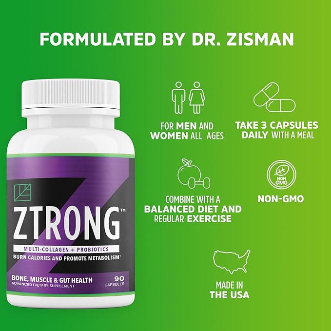 Dr. Zisman ZTRONG Advanced Collagen Supplement – Hydrolyzed Collagen Types I &amp III 400 Billion CFU Probiotic Blend Supports Bone Health Joint Function Metabolic Efficiency – 90 Capsules