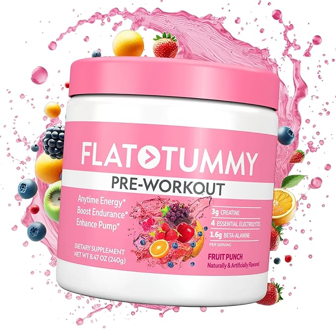 Flat Tummy Pre Workout Powder for Women – Energy Endurance and Muscle Support with 3g Creatine 1.6g Beta-Alanine Electrolytes – Fruit Punch Flavor – 30 Servings