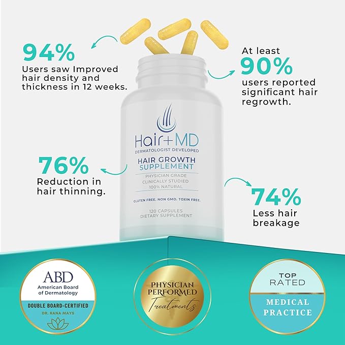 Hair Plus MD Hair Growth Supplement 120 Capsules – Supports Hair Growth &amp Density – Dermatologist-Developed with Collagen &amp Vitamins – Gluten-Free Toxin-Free Non-GMO – 1 Month Supply