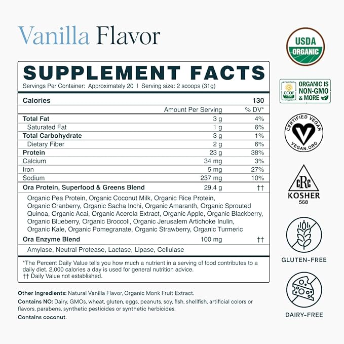 Ora Organic Plant-Based Protein Powder - 23g Protein for Women and Men - Vanilla Flavor 20 Servings Vegan Clean Protein Third-Party Tested Gluten-Free - 20 Servings