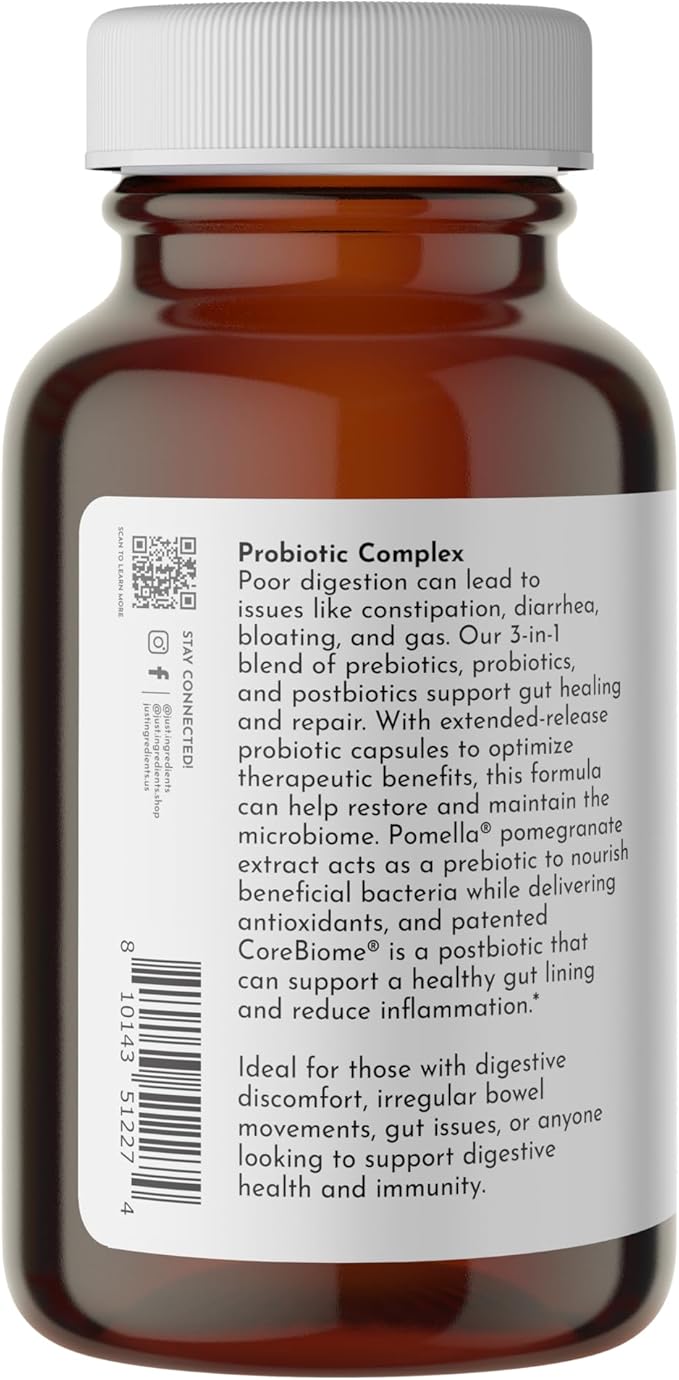 JUST INGREDIENTS Probiotic Complex - 60 Capsules 5 Billion CFU Prebiotics Gut Health Support