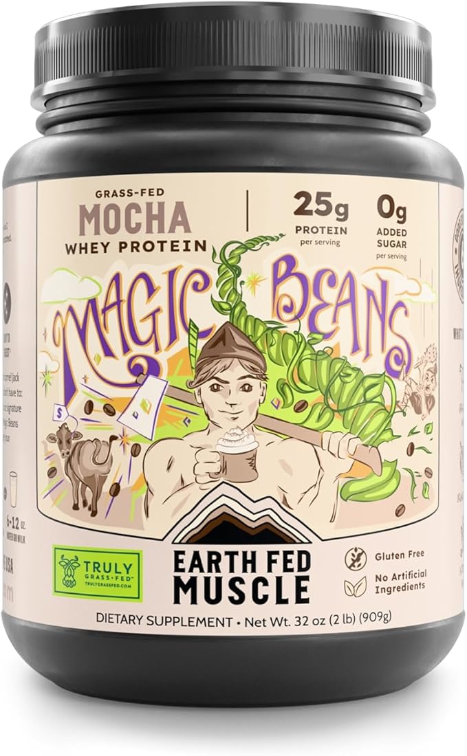Earth Fed Muscle Magic Beans Mocha Truly Grass Fed Whey Protein Powder - No Artificial Ingredients Soy Free Gluten Free Non-GMO and Hormone Free (2 Pound 29 Servings Mocha)