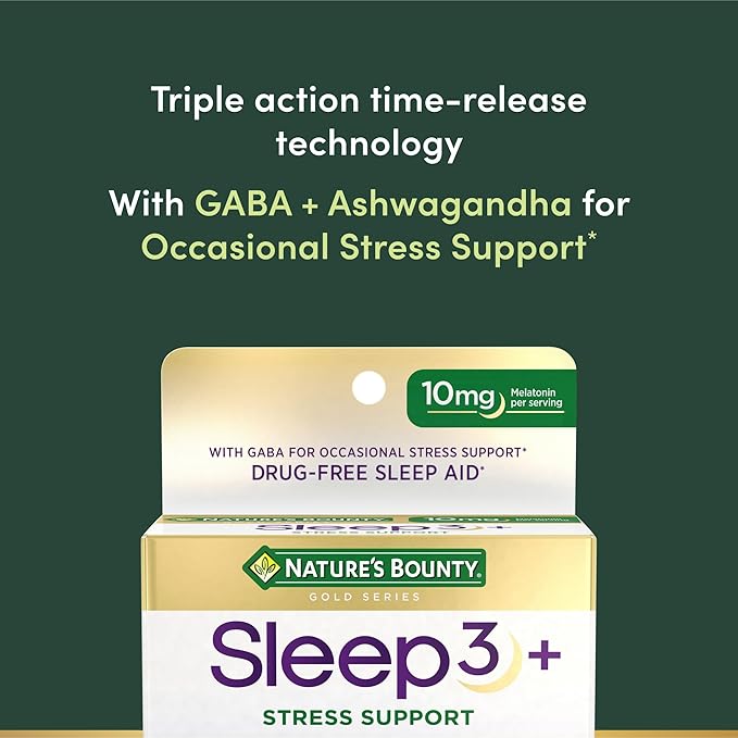 Nature's Bounty Stress Support Plus Melatonin Sleep3 Maximum Strength 100% Drug Free Sleep Aid Dietary Supplement with Ashwagandha Time Release Technology 10mg 56 Tri-Layered Tablets (Pack of 3)