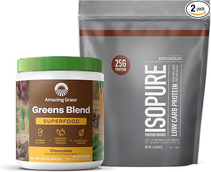 Build Your Smoothie Isopure Chocolate Bundle Dutch Chocolate Low Carb Protein Powder (14 Servings) and Amazing Grass Greens Chocolate Blend Superfood (30 Servings)